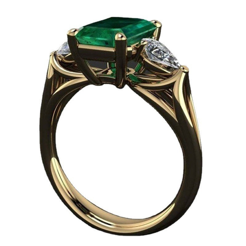 Golden Emerald Square Zirconium Diamond Ring