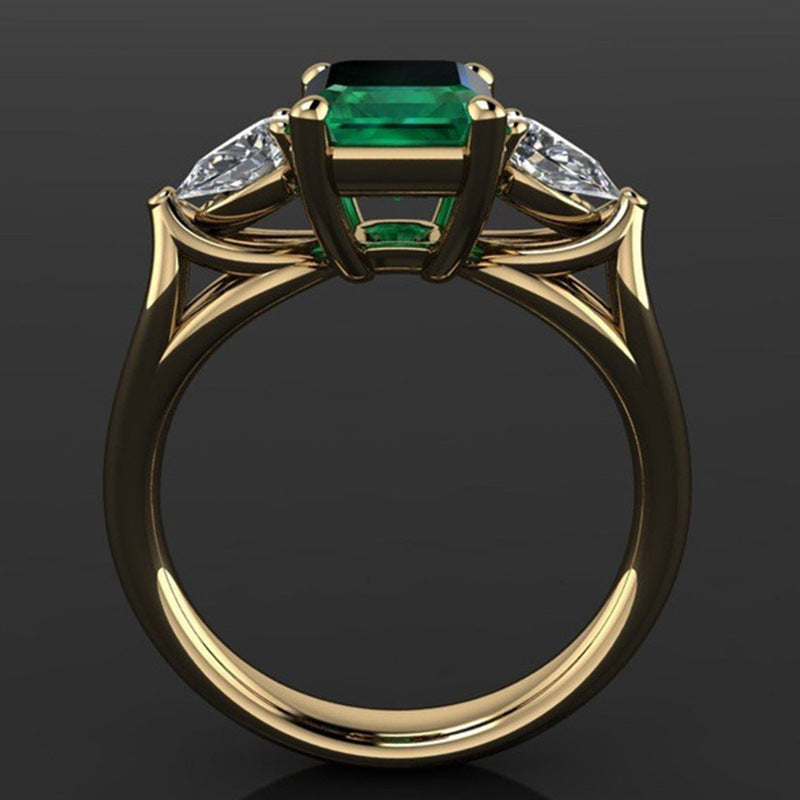 Golden Emerald Square Zirconium Diamond Ring