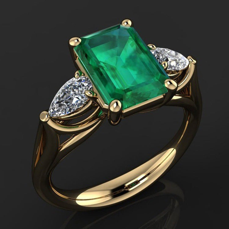 Golden Emerald Square Zirconium Diamond Ring